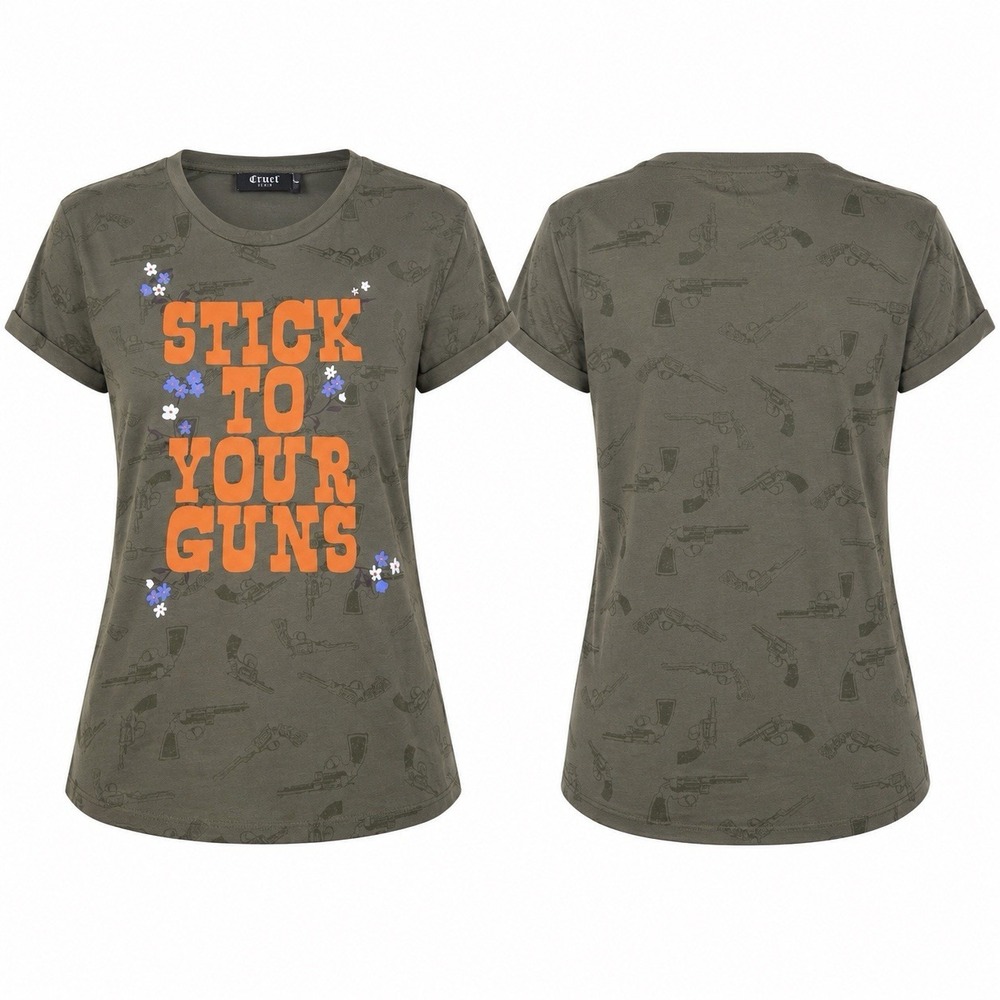Cruel Denim Women’s Stick To Your Guns Graphic T-Shirt Olive Size M NEW